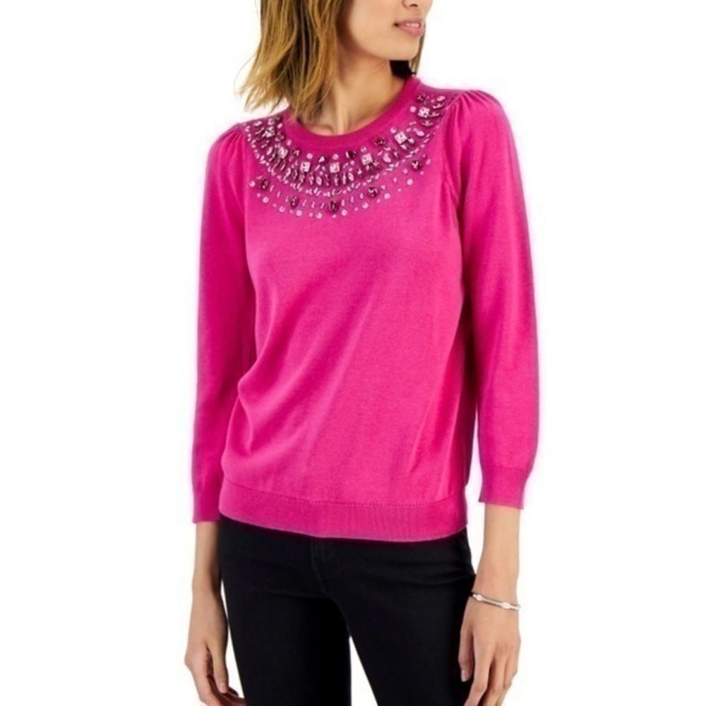 Women's L NWT Bright Pink Rhinestone Studded Bib 3/4 Sleeve Top New